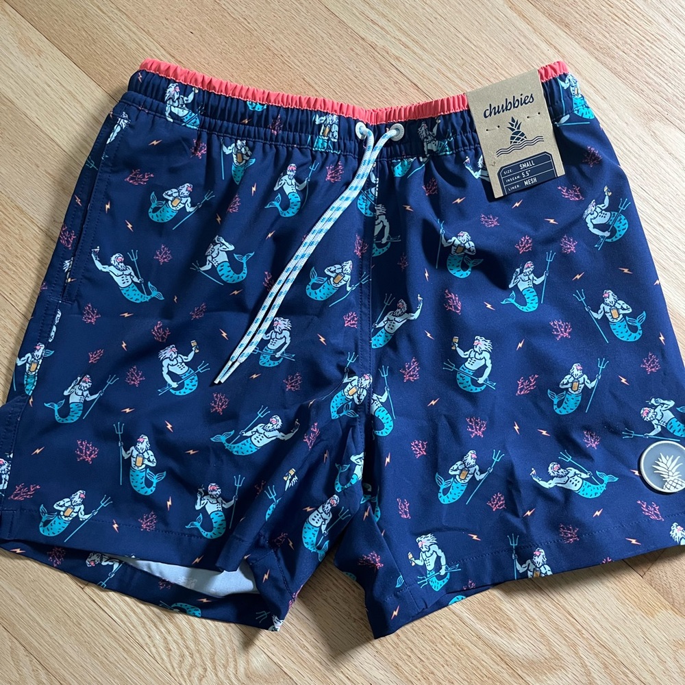 Chubbies Blue Swim Shorts with Coral Accents